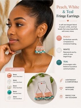 Peach, White & Teal Fringe Earrings